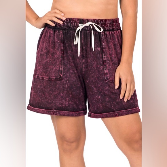 Burgundy Mineral Wash Drawstring Cuffed Short Set - Picture 3 of 5